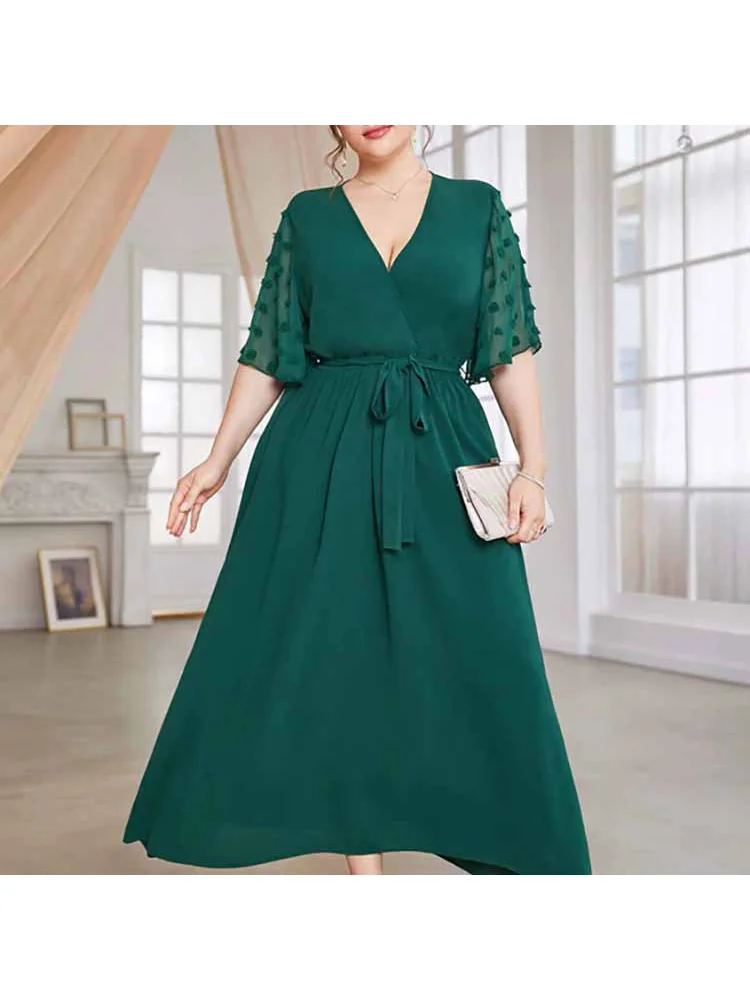 Dot simple skirt elastic waist print dress large size women temperament plus size  v neck dress