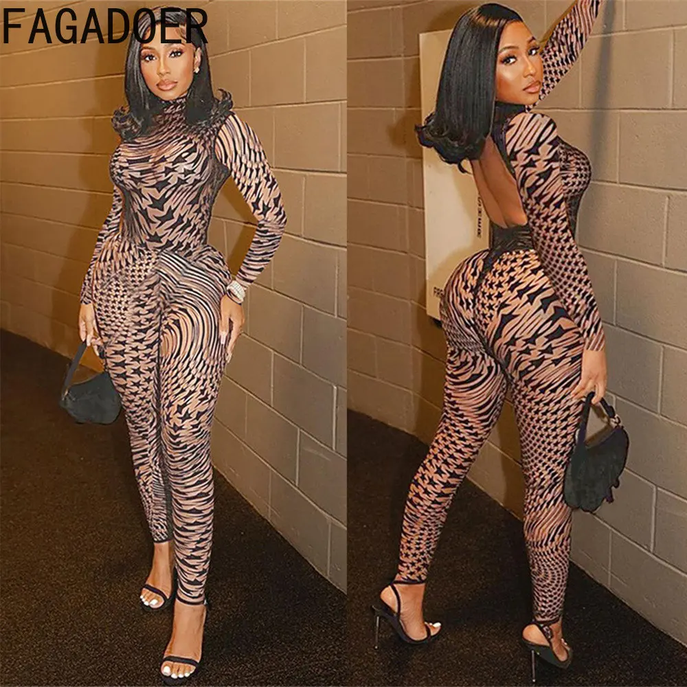 

FAGADOER Sexy Mesh Perspective Nightclub Jumpsuits Women Round Neck Long Sleeve Backless Playsuit Female Bodycon Streetwear 2023