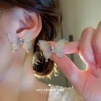 ins hot sale gauze exquisite rhinestone butterfly earrings for women luxury 925 silver needle stud earring korean women earrings