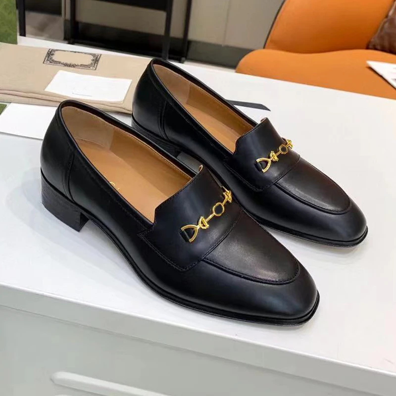 

Designer Women's Horsebit Black Calf Leather Loafers Fashion Metal Buckle ladies Office Business Shoes For Formal