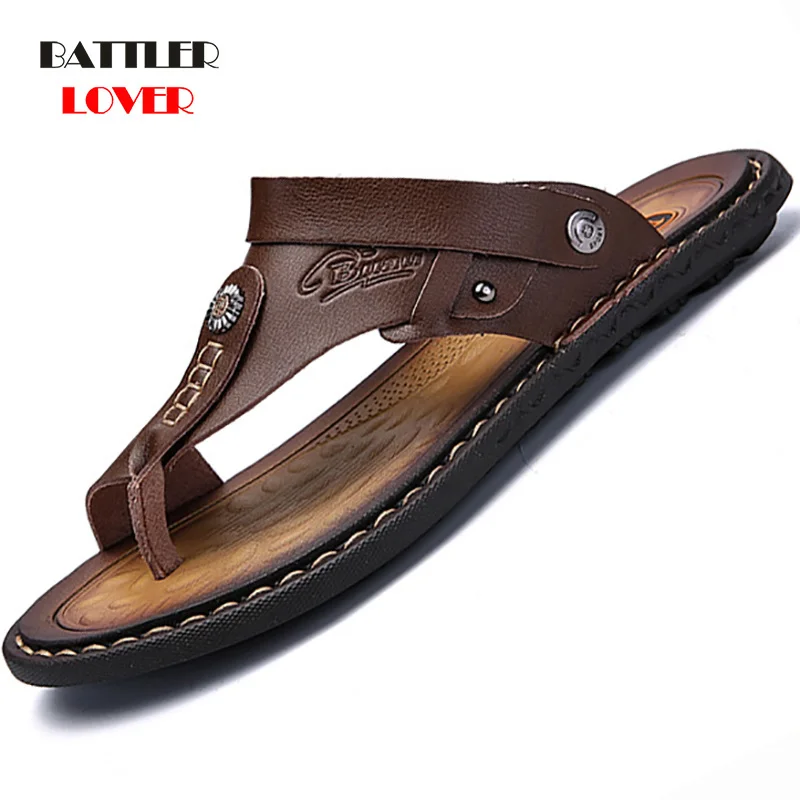 

Genuine Leather Shoes Men Fashion Men Flip Flops Trendy Anti-slip Cow Leather Men's Casual Shoes Classic Massage Beach Slippers