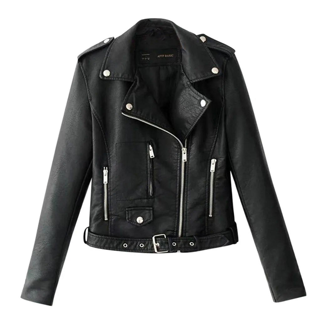 

New faux leather Short Lapel Jacket Zip Motorcycle Biker Punk Ladies Tops Solid Color Cropped Female Jackets