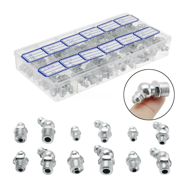 

130Pcs Zinc Alloy M6 M8 M10 Hydraulic Grease Nipples Fitting Set Car Accessories Kit Straight, 45-Degree Angled