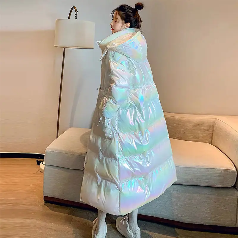 Winter Coat for Women Parka Women's Long Hooded 2023 Winter New Gloosy Bright Over Knee Jacket Winter Parka Zipper Pockets S80