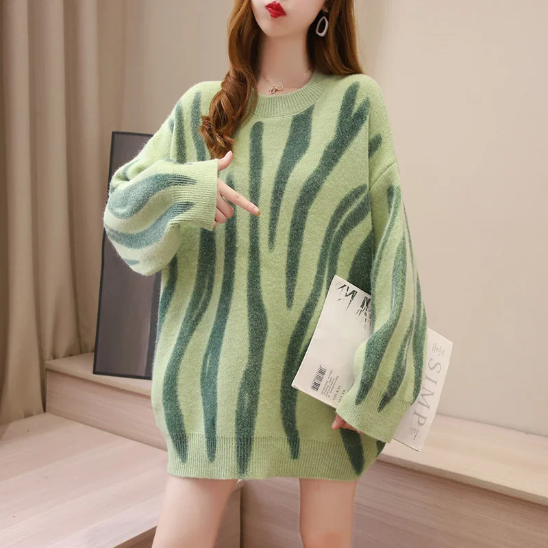 

Print Knitted Sweater Women Elegant Green Striped Oversized Pullovers Women Winter Loose Long Sweaters Streetwear Sueter Mujer
