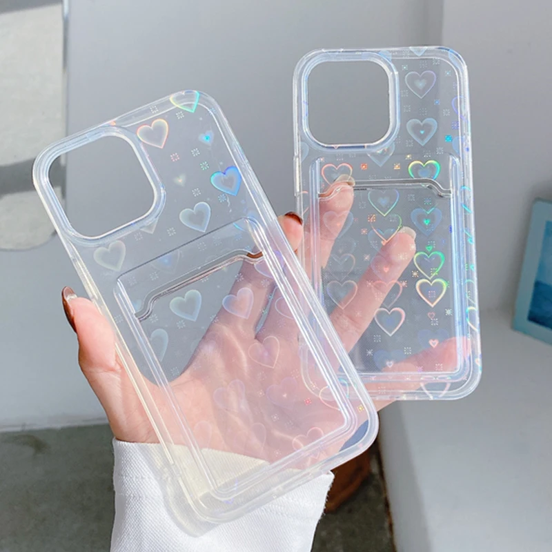 

Gradient Laser Love Wallet Card Holder Clear Soft Case For iPhone 11 13 12 14 Pro Max X XS XR 7 8 Plus SE 2022 Transparent Cover
