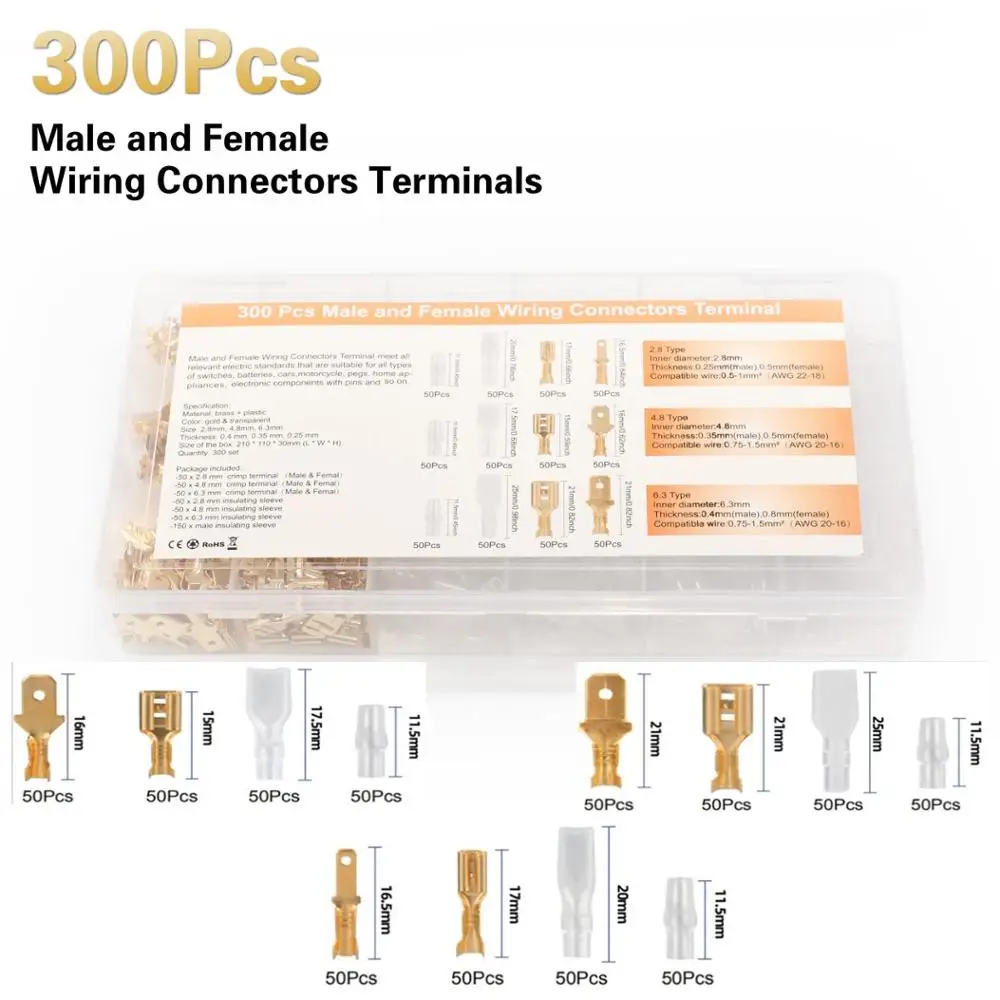 

300PCS Box Insulated Male Female Wire Connector Electrical Crimp Terminals Spade Connectors Sleeve Assorted Kit