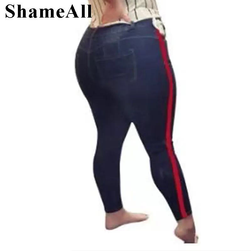 

Plus Size Side Stripe Pencil Pants Patchworked High Waist 4XL Women Streetwear Slimming Fitness Long Denim Trousers Mom Jeans