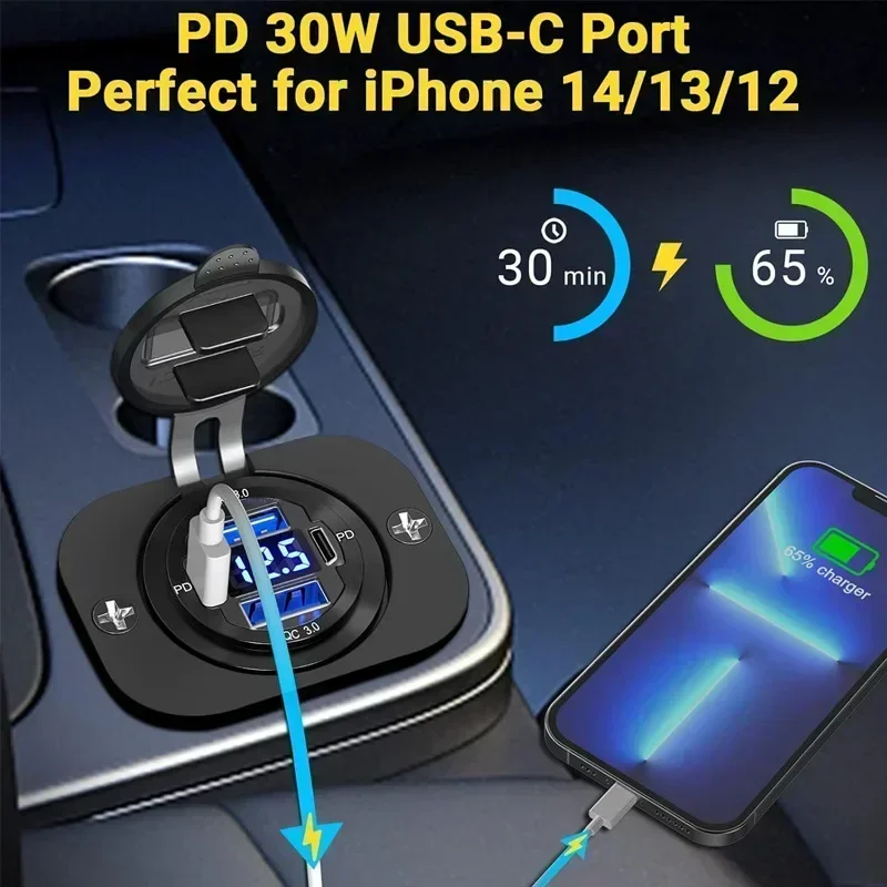 Фото НОВОЕ 83 Вт Dual PD Dual QC 3.0 USB Автомобильное зарядное устройство с розеткой вольтметра Водонепроницаемый адаптер для 12 В/24 В автомобиля Лодка Лидер продаж №3