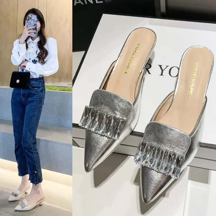 

Summer Women Slippers Fashion Sexy Black Shoes Fine with Crystal Slides Party Female Pointed Toe Baotou Shoes Women's Sandals