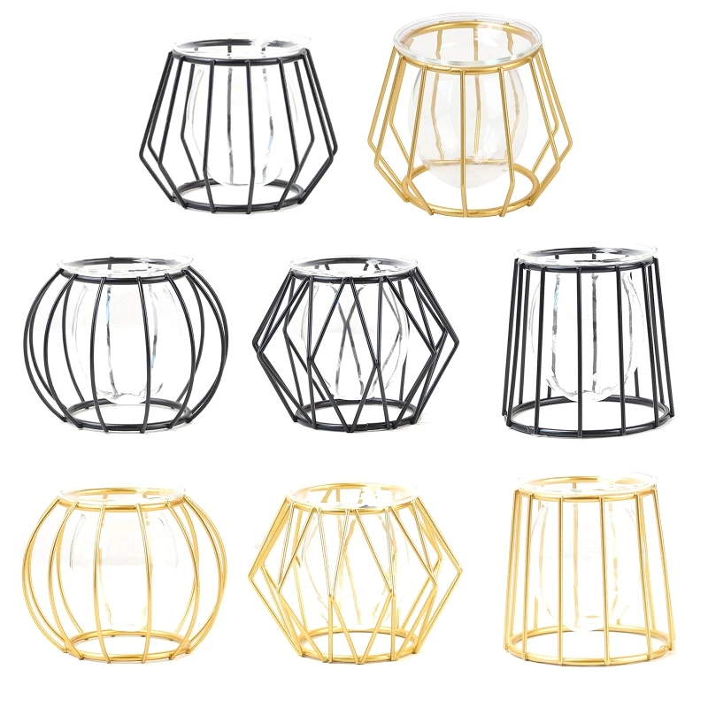 

Скандинавская стеклянная ваза с металлическим держателем, подставка геометрической формы для гидропонных растений, декоративный контейне...