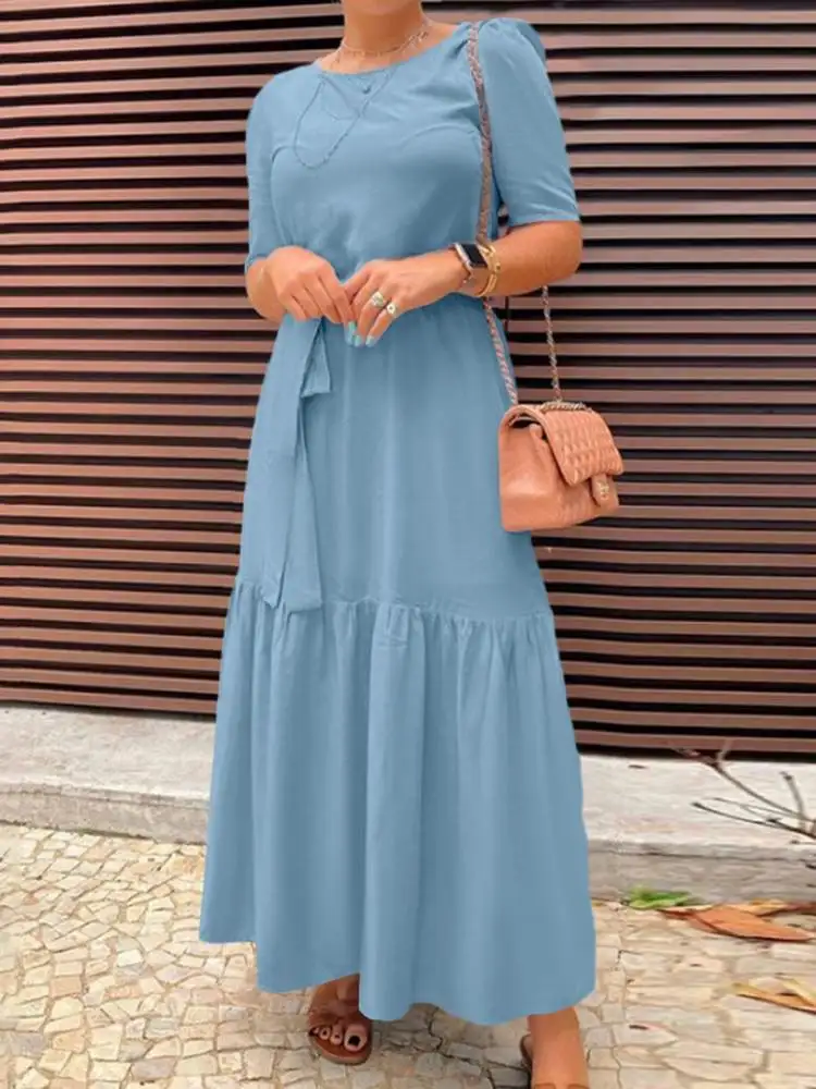 

2023 ZANZEA Fashion Women's Sundress Summer Solid Dress Ruffle Female Short Sleeve Maxi Vestidos Belted Beach Robe Oversized