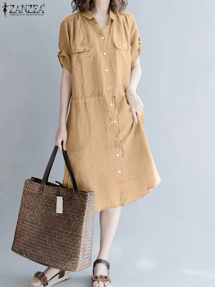 

2023 ZANZEA Summer Women Sundress Fashion V Neck Short Sleeve Shirt Dress Solid Buttons Down Casual Lace Up Midi Vestido Robes