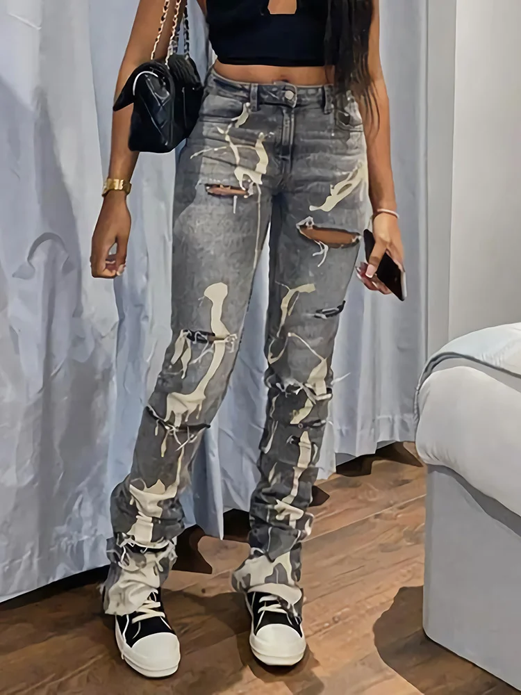 

2023 Fashion Cotton Hole Jeans Women Y2K Stacked Pants Casual Chic Print Ripped Denim Skinny Trousers Gray Elastic Slim Jeans