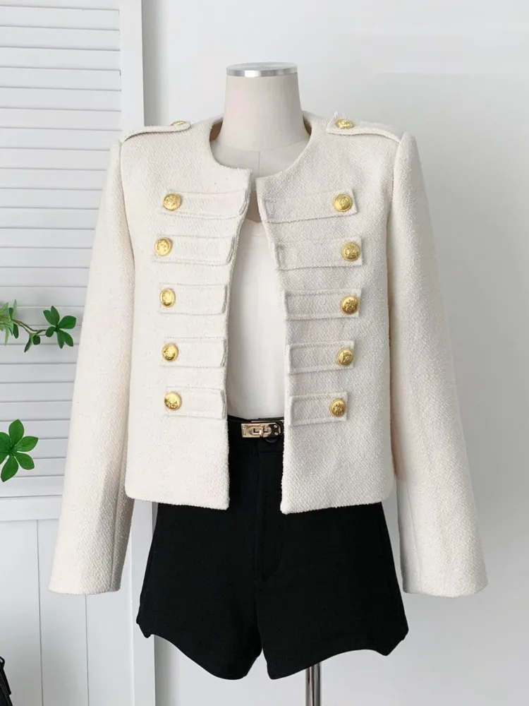 

Женский твидовый пиджак с длинным рукавом, элегантный укороченный двубортный жакет с золотистой пряжкой и круглым вырезом, 2023