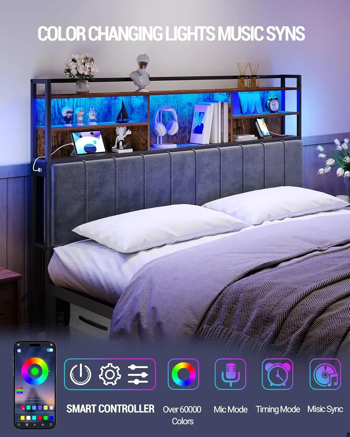 с 3-уровневыми полками для хранения мягкая изголовье 2 розетками USB-портами и