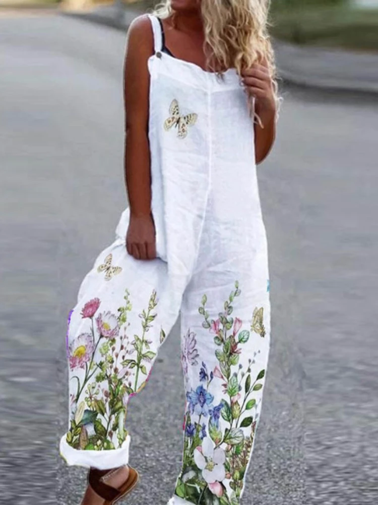 

Jumpsuit Women White Summer Retro Off Shoulder Sexy Floral Printed Rompers Lady Casual Loose Simple Overalls Streetwear 2022