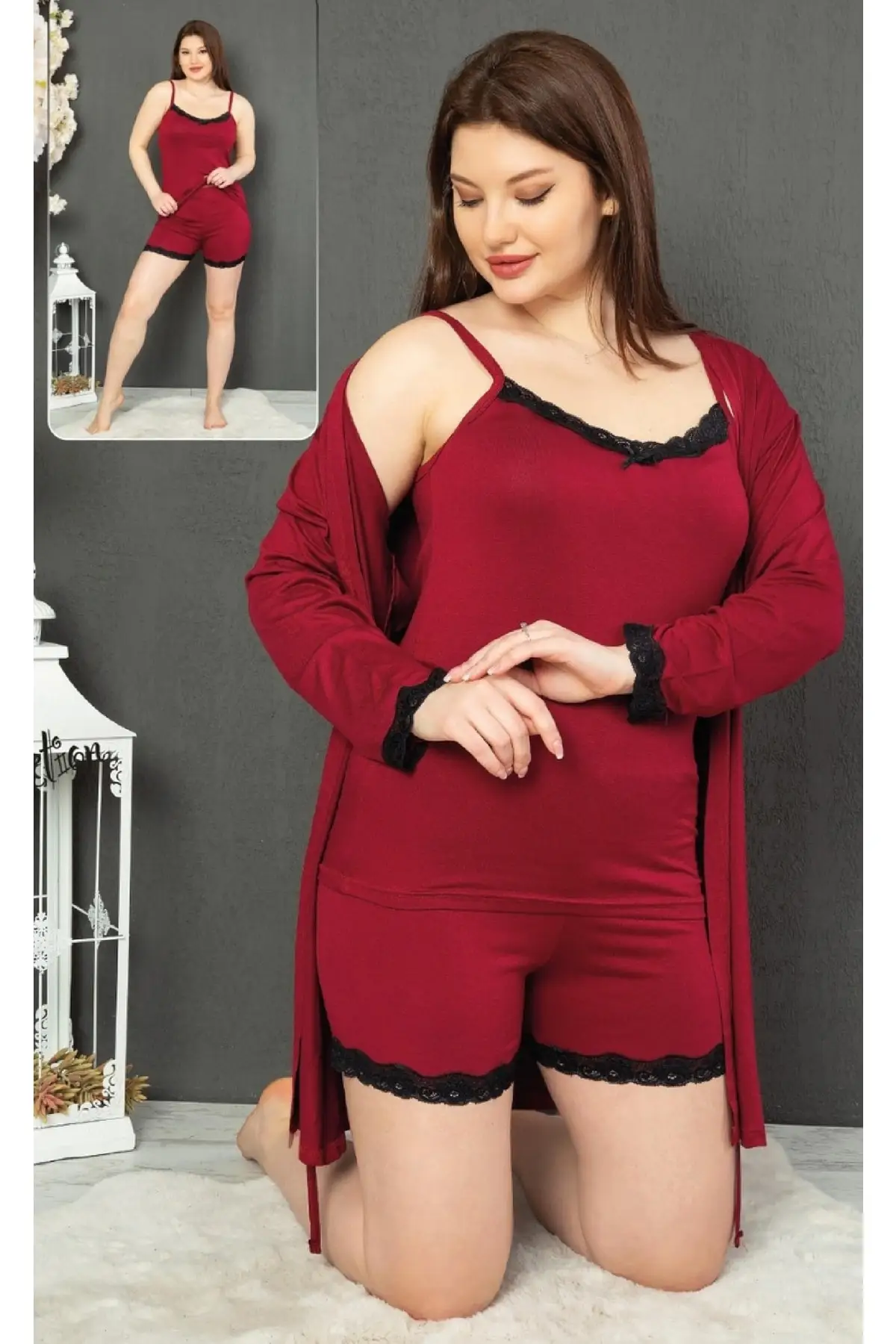 

Women's Pajamas suspenders Summer Dressing Gown With Collar Lacy Nightgown Bamboo 50002Burgundy Sleep Lounge Nightwear Sleepwear