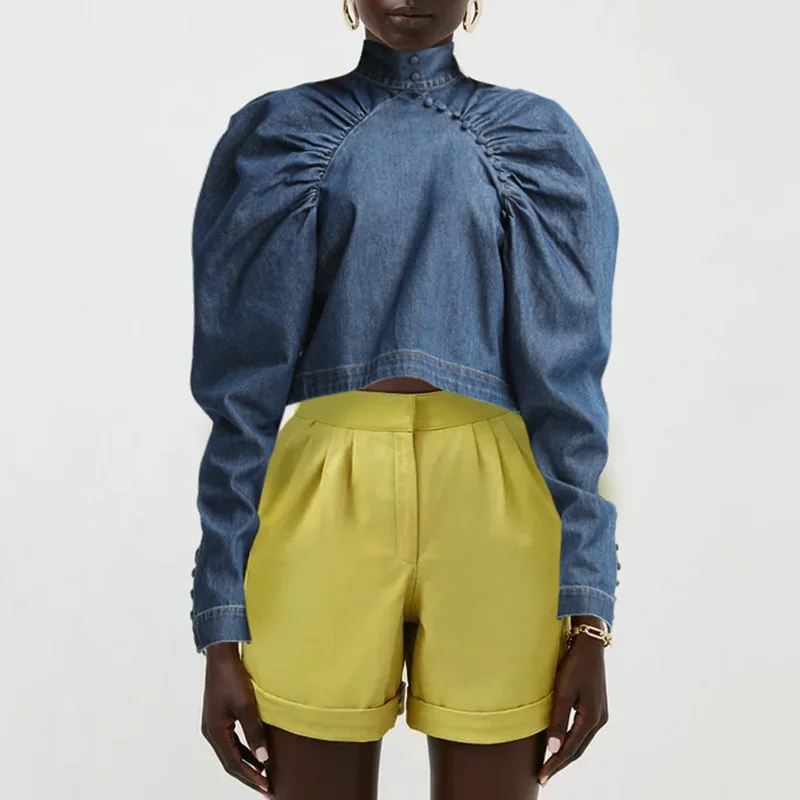 

Autumn Women's New Style Palace Style Design Puff Sleeve Denim Blouses Female Small Stand Collar Stitching Shirt Tops