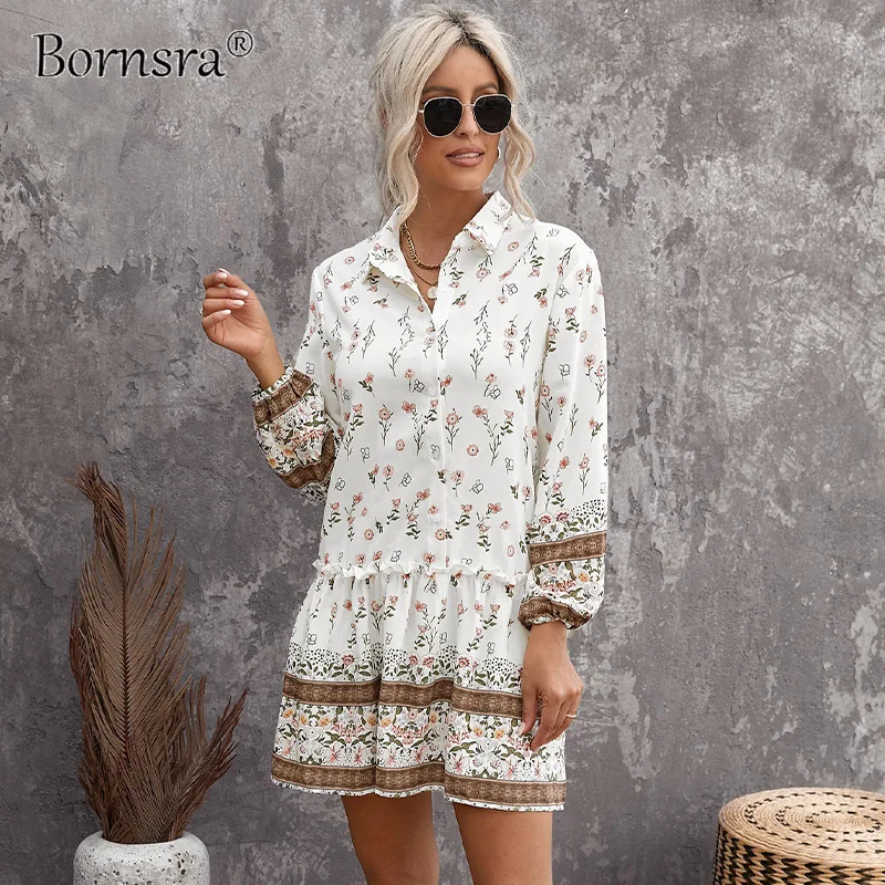 

Мини-платье BornSra женское с отложным воротником, с длинным рукавом и поясом на резинке, с оборками, весна-лето 2022