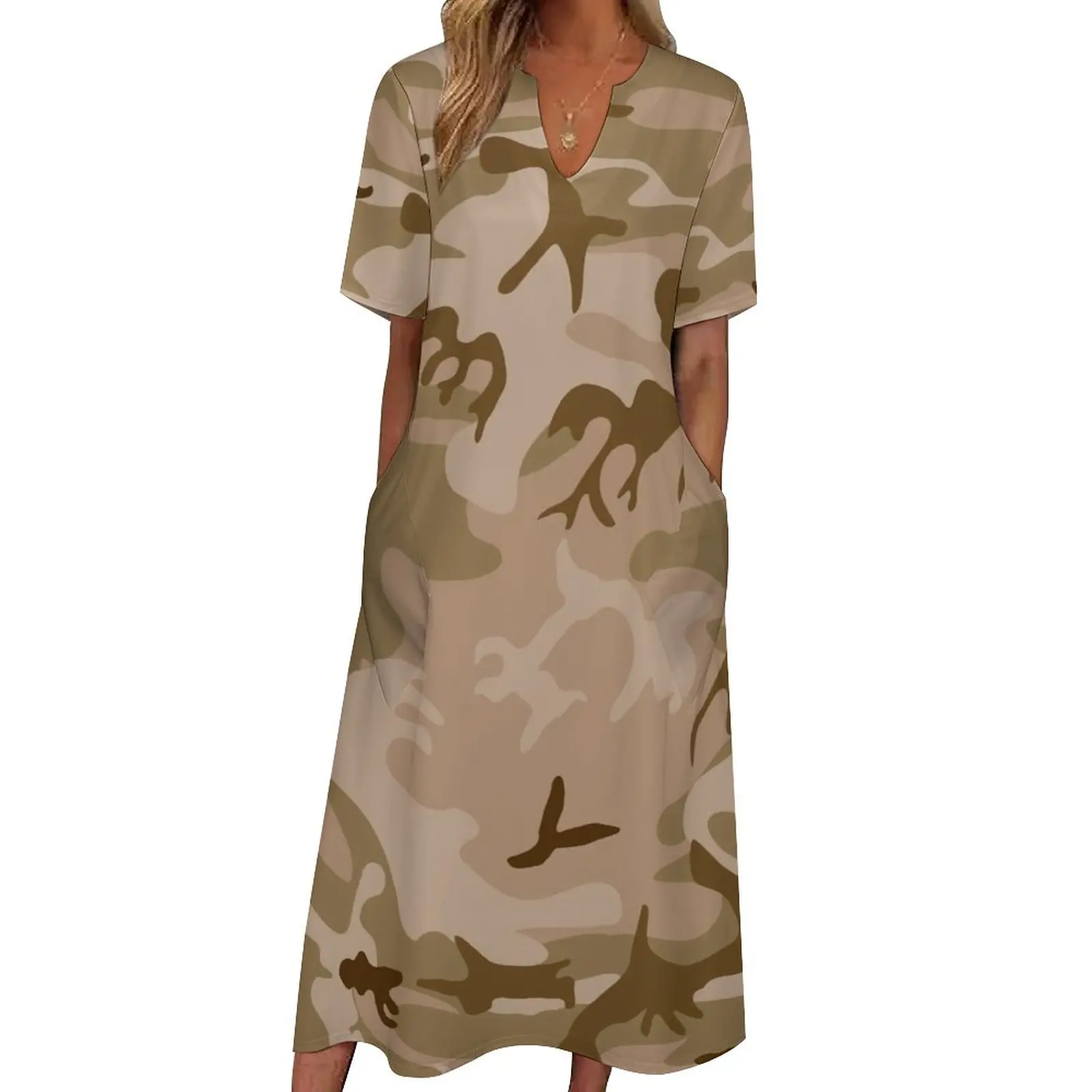 

Brown Green Camouflage Dress Desert Beige Camo Maxi Dress Short Sleeve Graphic Bohemia Long Dresses Aesthetic Oversize Vestidos