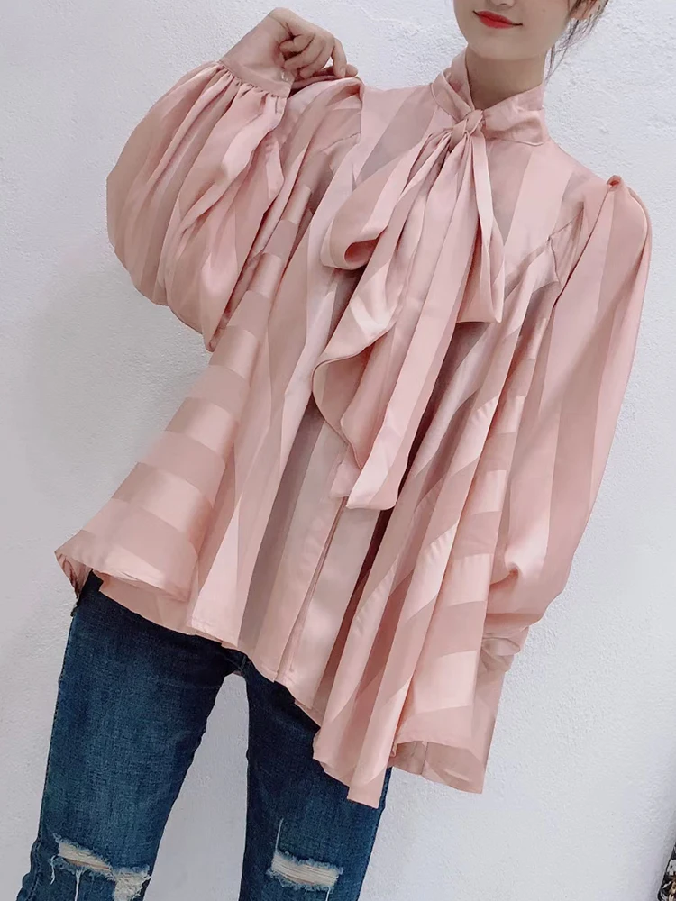 VGH Striped Casual Blouses For Women Bowknot Collar Loose Long Lantern Sleeve Colorblock Pullovers Female 2022 Spring Clothing |