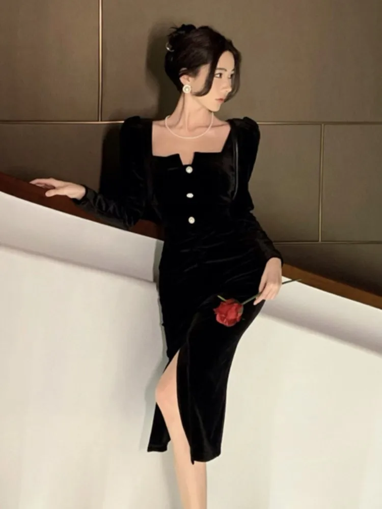 Сексуальное винтажное бархатное черное платье для женщин осеннее облегающее