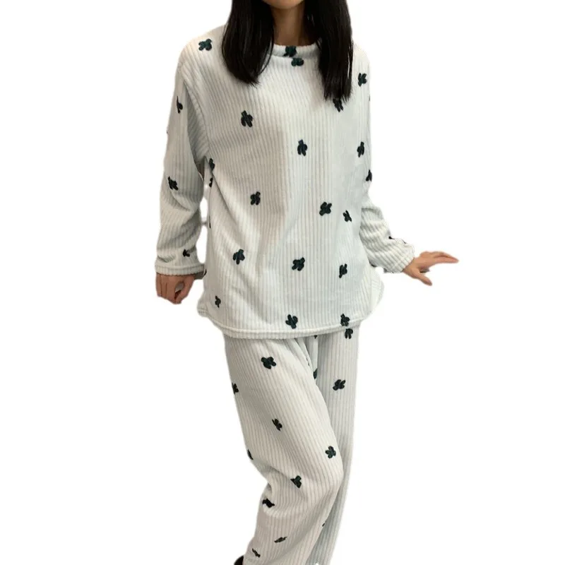 Женский Коралловый Бархатный Пижамный Комплект С Длинными Рукавами И Круглым