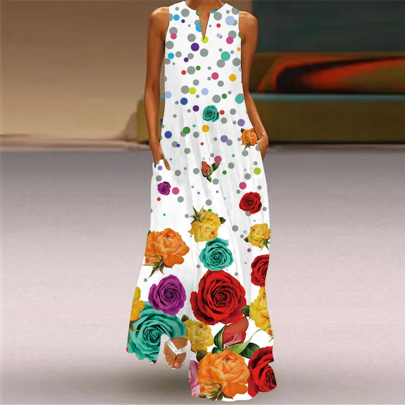 

Summer Fashion New Vintage Art Flower Print Long Dress V-Neck Long Sexy Sleeveless Dress Comfortable Casual Large Swing Dresses