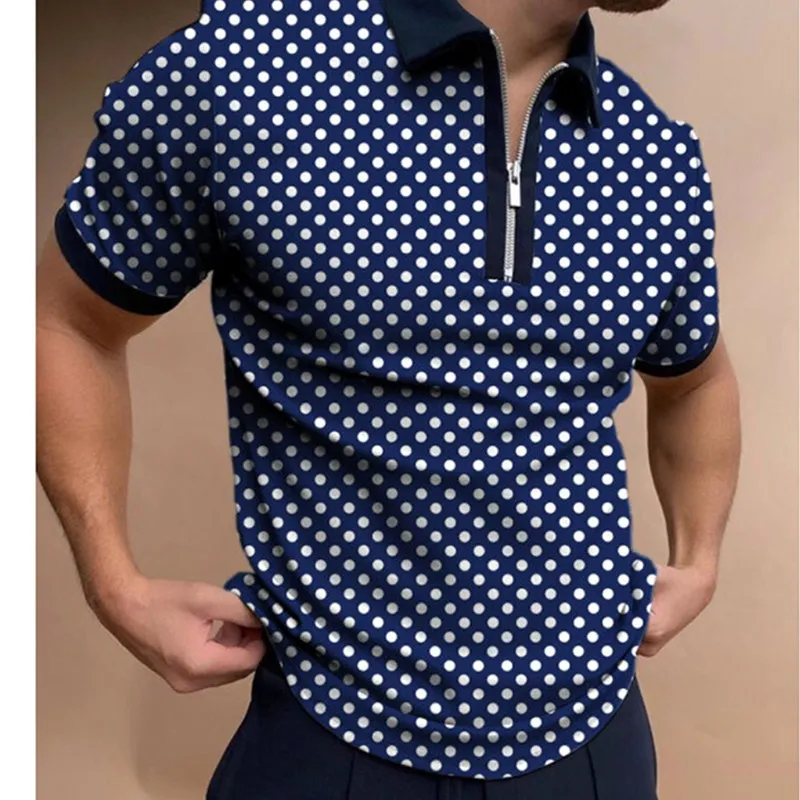 

Fashion Patchwork Polka Dot Men Short Sleeve Polo Shirts Casual Turn-down Collar Zipper Design Tops 2021 Summer Harajuku Streetw