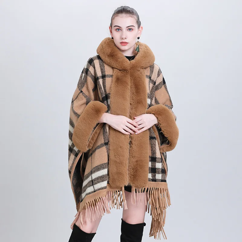 Coat collar plaid hooded tassel cloak shawl knitted shawl cardigan