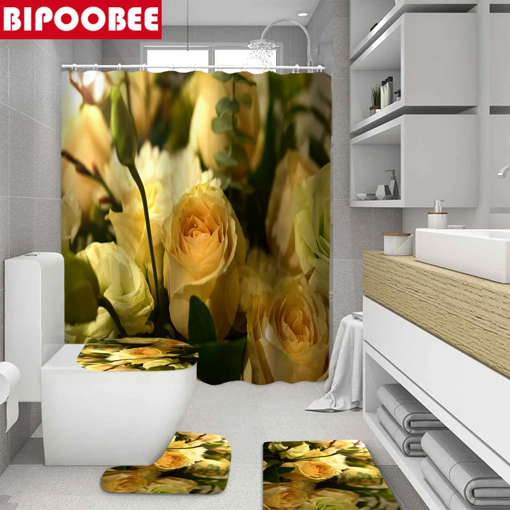 

Beautiful Yellow Flower Print Shower Curtains Rose Bathroom Curtain Toilet Lid Cover Non-slip Carpet Floor Rug Pedestal Bath Mat