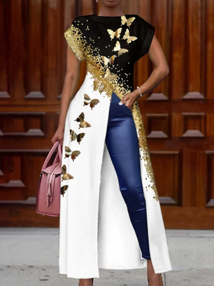 

Casual Gold Butterfly Print Long Dress Elegant Women Short Sleeve Loose Pullover Dress Fashion O Neck High Slit Party Dress 2022