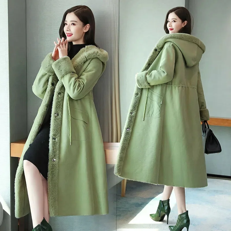 Korean Fashion Skinny-looking Plus Fleece plus Thickening Long Over Knee Fur Integrated Coat Women's Winter Hoodie Padded Coat X