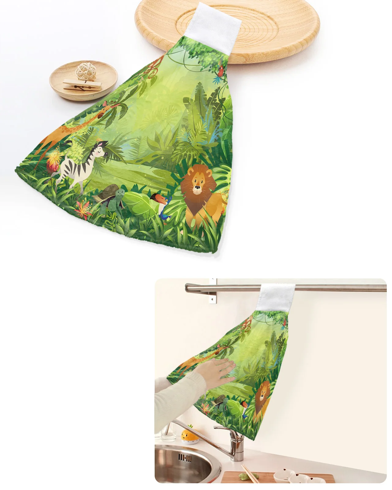 

Tropical Jungle Cartoon Animal Lion Hand Towels Home Kitchen Bathroom Hanging Dishcloths Loops Soft Absorbent Custom Wipe Towel