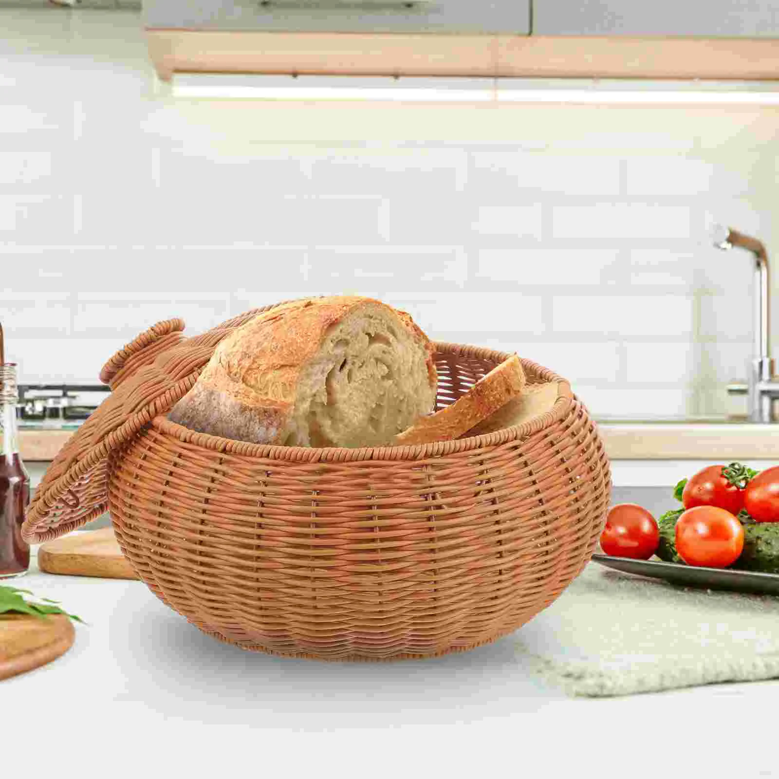 

Hamper Woven Storage Basket For Bread With Lid Rattan Multi-functional Baskets Metal Shelf Organizing Kitchen Supply