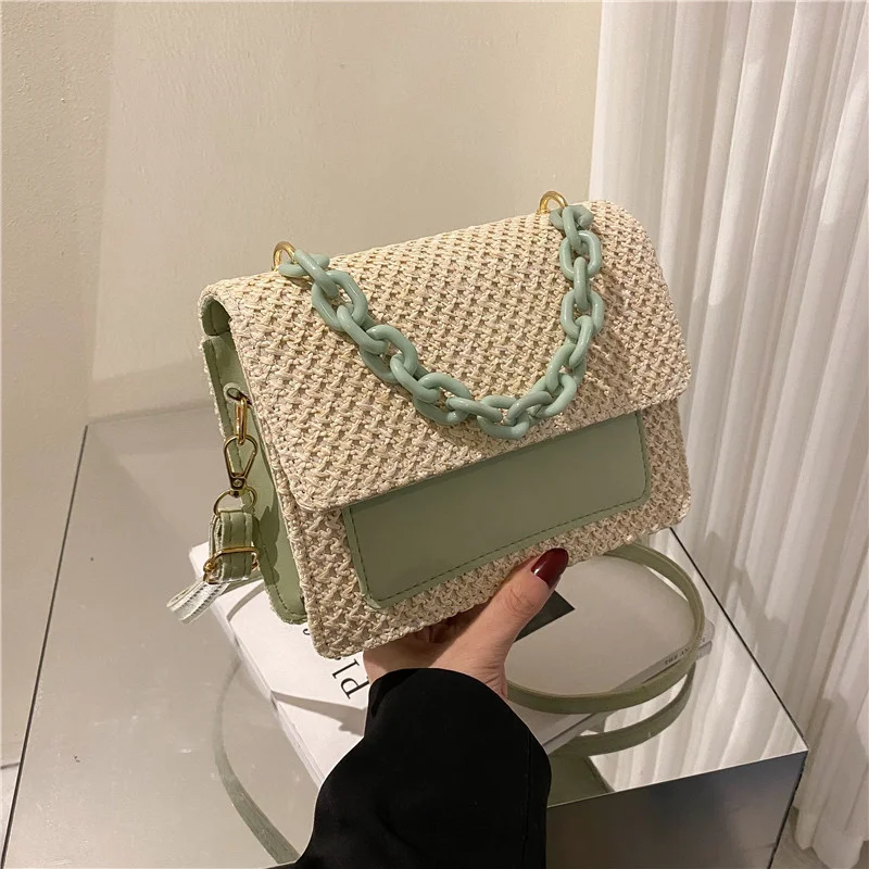 

Straw Bag Women's New Summer Simple Small Square Bag Trend Beach Vacation One Shoulder Messenger Bag Pearl Handbag Woman Bags