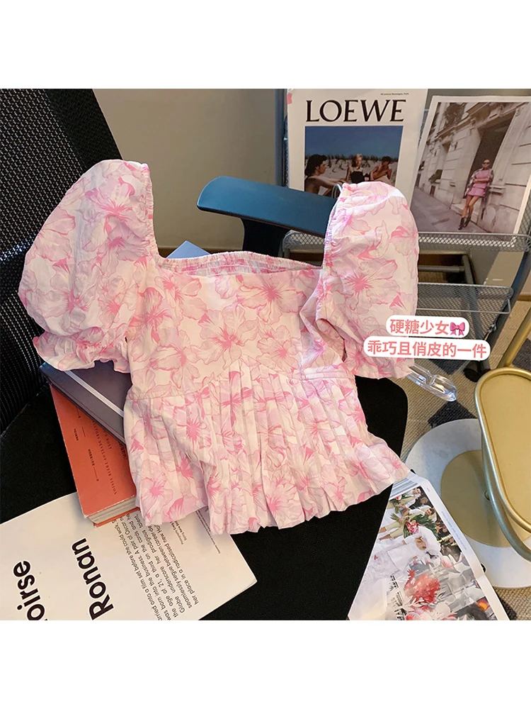 

Kawaii Sweet Print Floral Pink Blouses Gyaru Crop Top Square Collar Korean Puff Sleeve Shirts Streetwear Tide 2000s Aesthetic