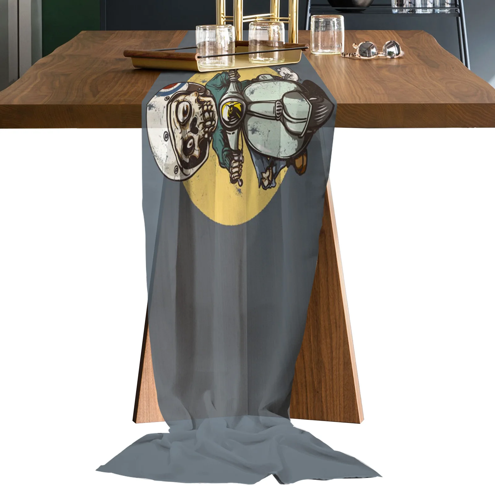 

Cute Skeleton Motorcycle Chiffon Table Runners Wedding Party Decor Tablecloth Gauze Table Runner for Home Coffee Table