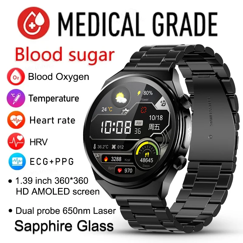 

2023 Accurate Measure Blood Glucose Smart Watch Men High-End Sapphire Glass ECG+PPG Health Monitoring Laser Therapy SmartWatch