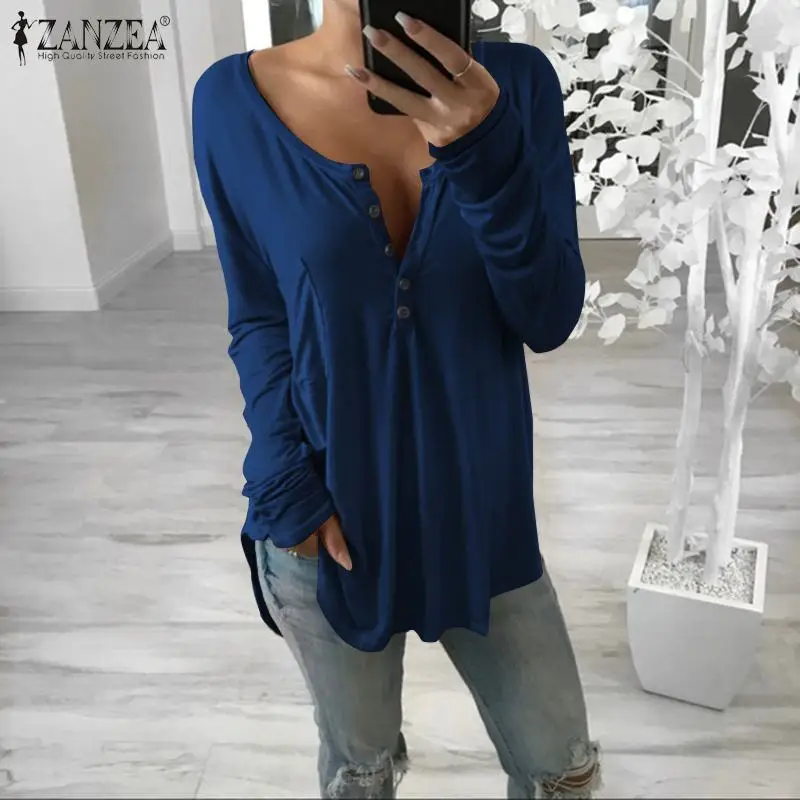 

2022 модные женские топы, туника, повседневные весенние однотонные свободные футболки с длинным рукавом ZANZEA, женские летние блузы большого ра...