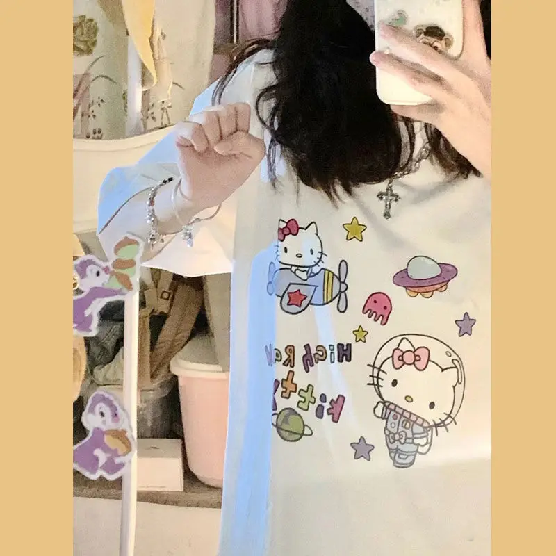 

Кавайная японская Корейская версия футболка Hello Kitty с коротким рукавом Женская Студенческая хлопковая свободная футболка с коротким рукаво...