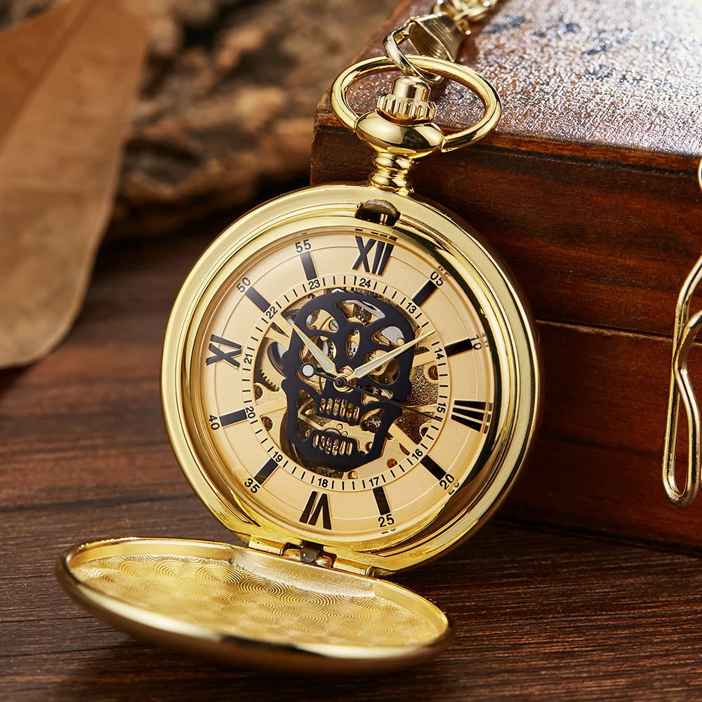 Stainless Steel Mechanical Pocket Watch Gold Silver Skull Skeleton Steampunk Clock FOB Gift Hot Sale Pendant reloj hombre Men