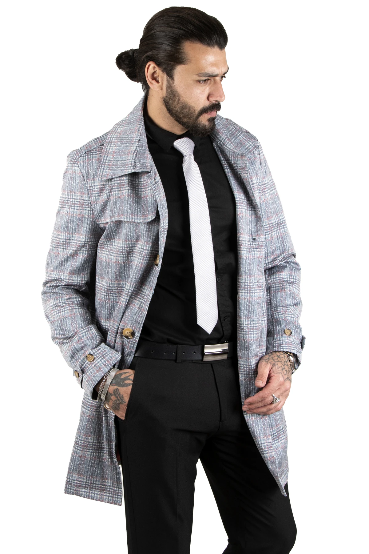 DeepSEA plaid patterned Slim Fit men's trench coat 2204009
