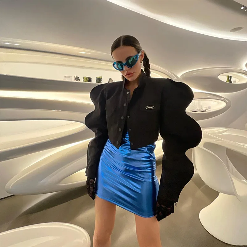 

2022 Autumn Winter New Women's Fashion Stand-up Collar Single Breasted Creative Lantern Sleeve Jacket Women