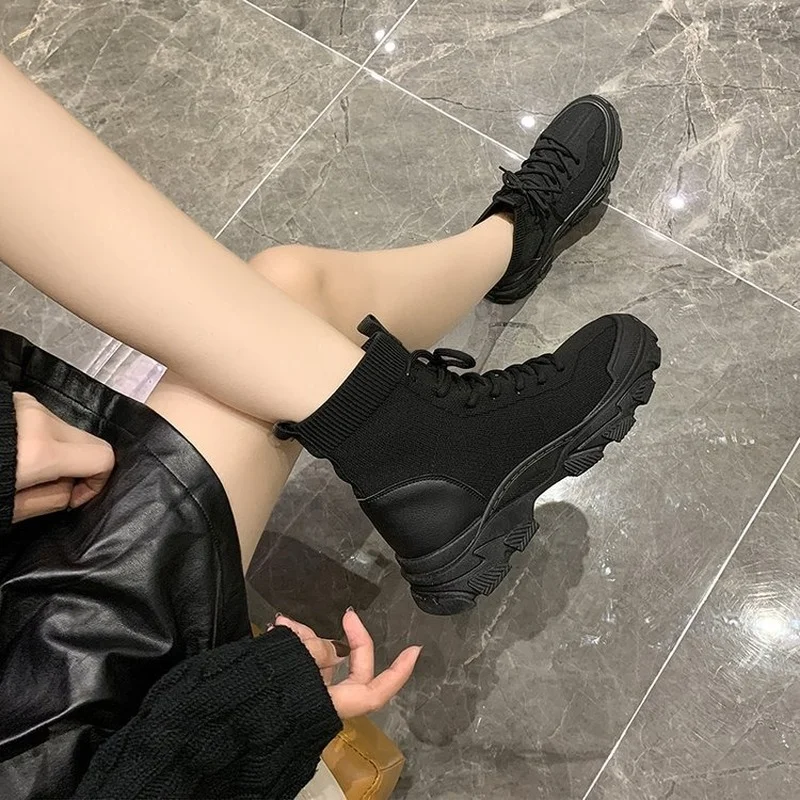 Sock Boots Knitted Elastic Ankle Boots Thick Bottom Soft Bottom Student Casual Motorcycle Boots Women Platform Shoes Footwear
