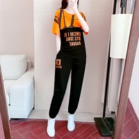 summer casual suit female cotton t shirt long pant 2022 fashion printing short sleeve sports two piece set loose hip hop outfits