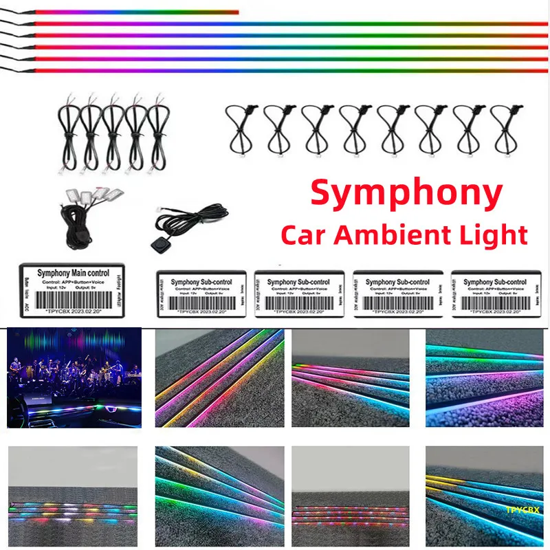 

Symphony Car Ambient Light 18 in 1 RGB LED Interior Decoration Acrylic Guide Fiber Optic Strip Lights Decorative Lamp Dashboard
