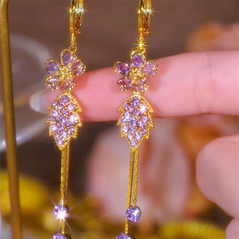 Sparkling Rhinestone Flower Leaves Drop Earrings for Women Light Luxury Zircon Long Tassel Dangle Earring Girls Wedding Jewelry