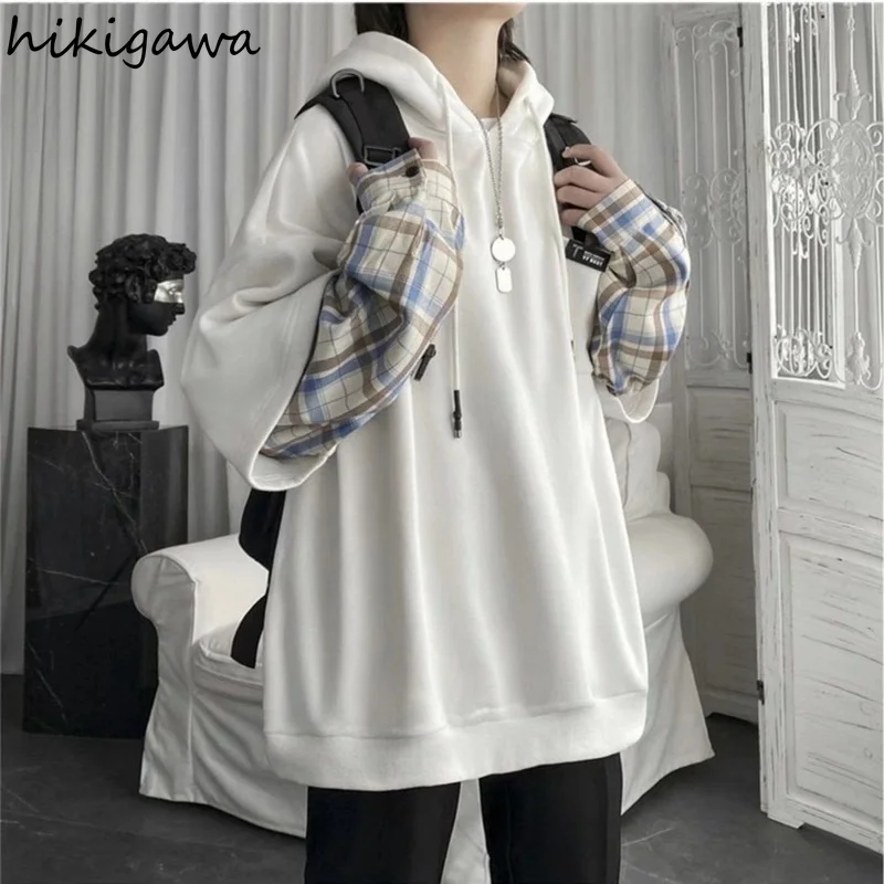 Корейский пуловер в клетку с капюшоном стиле Харадзюку |